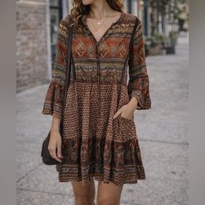 Tree of Life Boho Mini Dress Medium Orange Brown Paisley Festival EUC